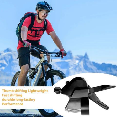 SL M315 7 Speed Right Thumb Gear Shifter for mountain road commuter bikes shown with cyclist and blue sky background