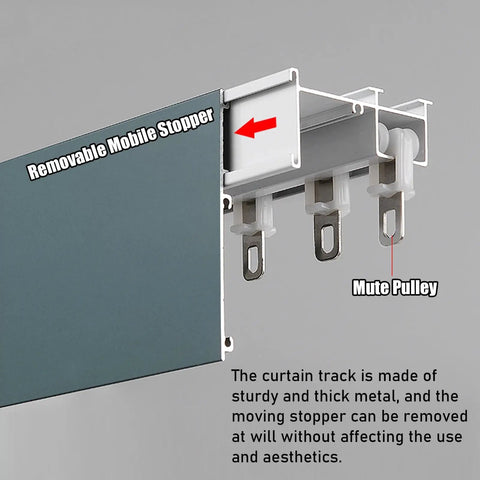 Close-up of Two In One Sliding Barn Door Track Rock Solid Aluminum Build With Smooth As Butter Gliders for Whisper Quiet Bedroom Curtains.