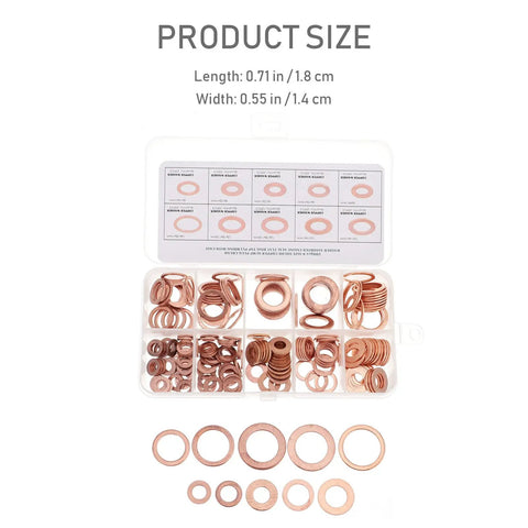 Grab A Huge 200 Pc Copper Oil Seal Washer Kit With Flat Sealing Gaskets Perfect For Your Automotive And Industrial Rides To Keep Things Dime-Sharp And Stop Those Leaks In Their Tracks Real Fast. 200 copper washers in case, 0.71 x 0.55 in