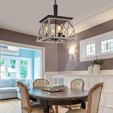 Farmhouse Vintage Chandelier Pendant Light For Dining Room And Kitchen Island with oak white finish over dining table