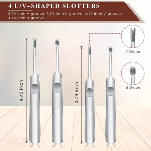 Four U/V-shaped slotter tools in varying sizes for leathercraft, part of an Eight Piece Leather Knife Kit With Edge Bevelers Groovers Cutter Skiving Knife Edge Slicker Burnisher And Sandalwood Tool For Smooth Edges And Precise Leathercraft Projects.