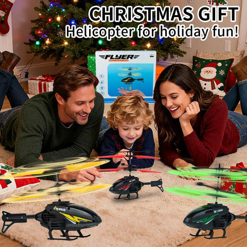 Family playing with Three Pack Gesture Sensing RC Toys For Kids, Indoor Flying Helicopters And Airplanes With Lights, Up To 10 Minute Flight Time
