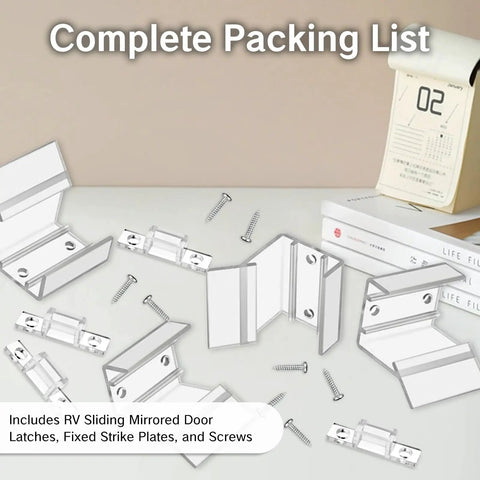 4 Pack RV Sliding Door Latches Set For Motorhomes And Campers Clear Mirror Closet Latches displayed with screws and components