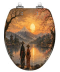 Elongated Mount Sunset Landscape Cherry Blossoms Traditional Toilet Seat featuring serene mountain and sunset design