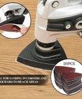 All In One Oscillating Tool Sanding Pads Kit with Triangle and Finger Pads showing pad attachment and stack of sandpapers