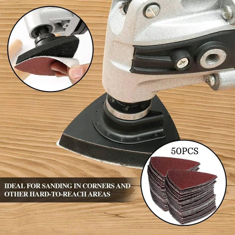 All In One Oscillating Tool Sanding Pads Kit with Triangle and Finger Pads showing pad attachment and stack of sandpapers