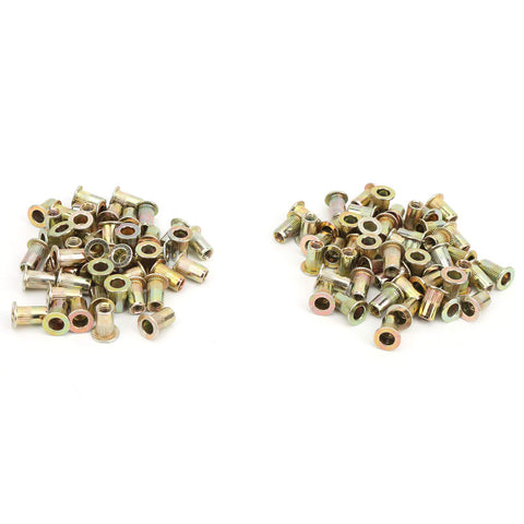 Professional Grade Durable Zinc Coated Rivet Nut Kit With 100 Count M4 Threaded Inserts displayed in two piles.