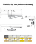 Diagram of heavy duty commercial door closer with aluminum finish, showing dimensions and mounting options.