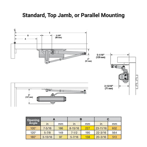 Diagram of heavy duty commercial door closer with aluminum finish, showing dimensions and mounting options.