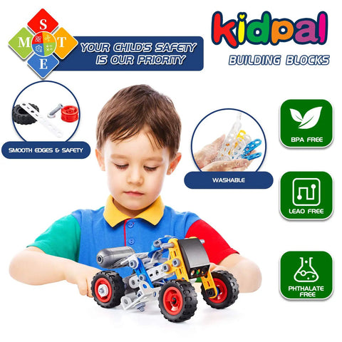 Cool Five In One STEM Building Kit With Electric Motor For Kids Aged Six To Twelve Hands On Construction Toys For Boys And Girls 113 Pieces DIY Educational Toy Set For Future Engineers kidpal building blocks, child holding assembled toy car