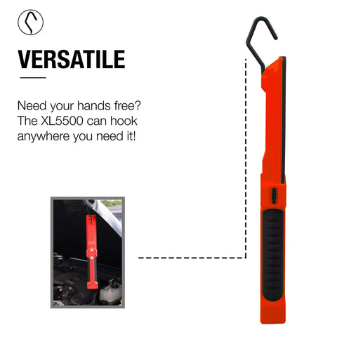 Beefy 500 Lumen Rechargeable Work Light With Stepless Dimming, red and black LED lamp with hook for hands-free use