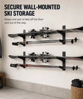 Kick Ass Ski Wall Mount Horizontal Display Rack For Poles And Boards Rock Solid Screw In Garage Storage Holder that secures skis on wall.
