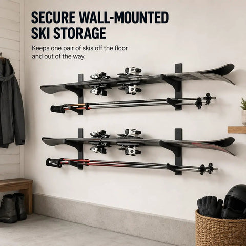Kick Ass Ski Wall Mount Horizontal Display Rack For Poles And Boards Rock Solid Screw In Garage Storage Holder that secures skis on wall.