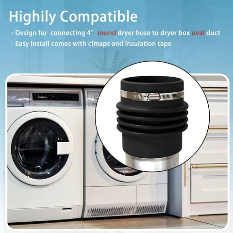 Round To Oval Duct Adapter For Recessed Dryer Vent Box 4 Inch Flexible Rubber Connector installed with clamp