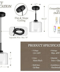 Karjearl Glass Pendant Lights Kitchen Island, 2 Pack Black Hanging Lighting with adjustable height and matte black canopy.