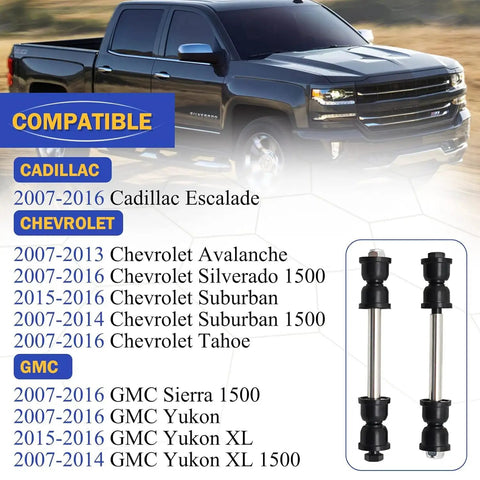 Front Stabilizer Sway Bar End Links For Chevy GMC Silverado Tahoe Suburban Yukon Escalade 2007 2016 OE Replacement Fits Avalanche 2007 2013 And Yukon XL 2007 2016, front view of two steel links