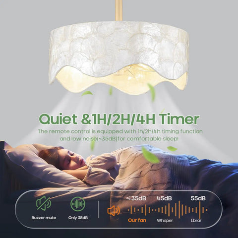 akiuzna Boho Shell Caged Ceiling Fan with Light and Remote, Fandelier above a bed with a soft glow, featuring a quiet operation.