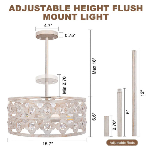 Semi Flush Mount Ceiling Light Fixture With Crystal Accents, Modern Farmhouse Style, adjustable 18-inch height, 16-inch drum