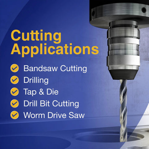 Close-up of a metal drill bit in a milling spindle against a blue background with Cutting Applications checklist