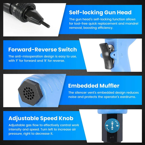 Pneumatic Rivet Nut Gun Kit With M6 M8 M10 Mandrels, details of self-locking head, reverse switch, embedded muffler, speed knob.