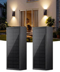 Rugged As Nails 2 Pack Solar Wall Lights Outdoor IP65 Waterproof, Dusk To Dawn Up Down Sconce, USB C Backup Charge, 3 CCT Dimmable LED Exterior Accent For Front Door Garage Patio, black sconce mounted outdoors.