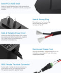 12V 1A Power Supply AC to DC Adapter 100-240V Input 12W Plug And Play For LED Strip Lights CCTV Cameras And More With 5.5x2.5mm Or 2.1mm DC Plug shows black ABS shell, plug, wire, and female terminal connector