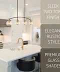 Industrial Farmhouse Island Light With Clear Glass Globe Shades 34 Inch Four Light Modern Linear Pendant Fixture over kitchen island