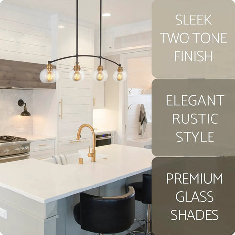 Industrial Farmhouse Island Light With Clear Glass Globe Shades 34 Inch Four Light Modern Linear Pendant Fixture over kitchen island