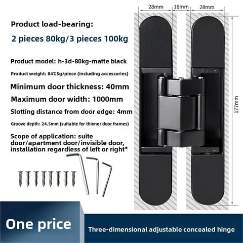 Heavy Duty Concealed Adjustable Invisible Door Hinge With Solid Cross Shaped Wooden Handle Built Tough For A No Sweat Hidden Room Makeover And Smooth Daily Swing In Deep Black Coating, technical specifications and accessories included.