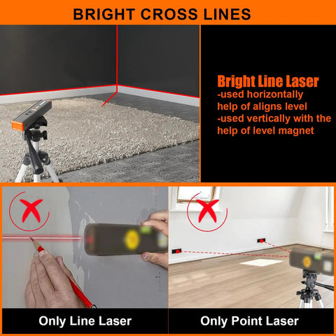 Portable Magnetic Laser Level With 15 Ft Cross Line Dual Mode Torpedo Level For Hanging Pics And Home Renovation Vertical And Horizontal Laser Plumb Lines For Precise Quick And Easy Setup on tripod creating bright cross lines on floor and wall corner