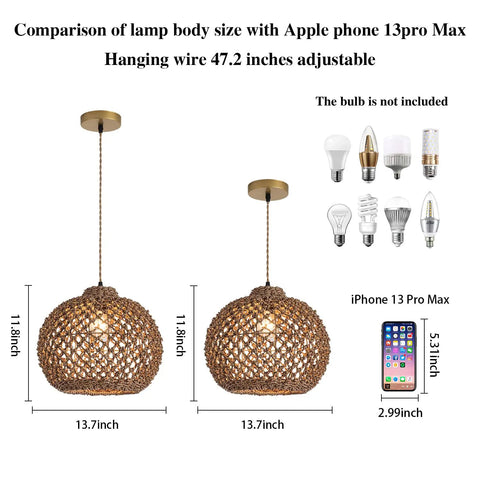 Awesome Hand Woven Rattan Pendant Light With 13.7 Inch Round Basket Shade shown with iPhone for size comparison.