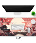 Large Extended Gaming Mouse Pad With Stitched Edges 31.5 By 15.7 Inches, Non Slip Waterproof Rubber Base, Smooth Tracking Surface, Desk Protector For Laptop, Gaming Setup, Office Desk, Sunset with sunset and temple design under keyboard and mouse on desk.