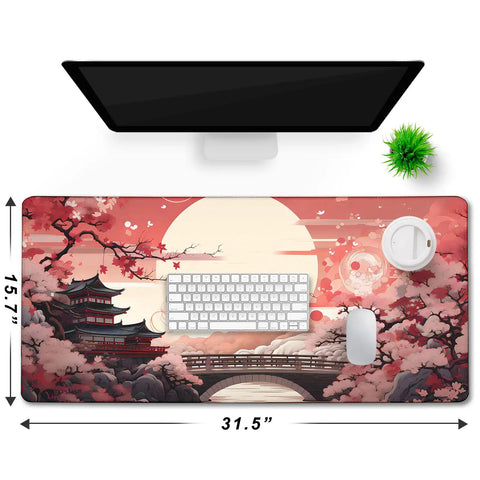 Large Extended Gaming Mouse Pad With Stitched Edges 31.5 By 15.7 Inches, Non Slip Waterproof Rubber Base, Smooth Tracking Surface, Desk Protector For Laptop, Gaming Setup, Office Desk, Sunset with sunset and temple design under keyboard and mouse on desk.
