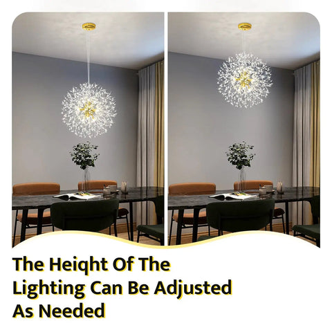 Lit Modern Gold Crystal Chandeliers With Firework Dandelion Sputnik Design, 9-Light Dimmable Pendant Light Fixture in dining room