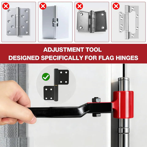 Person adjusting door hinge using Door Hinge Adjustment Tool Kit 6 In 1 For Precise Hinge Gap Adjustment And Pro Grade Upgraded Wrench