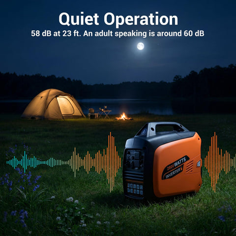 Beefy 2800 Watt Portable Inverter Generator for Home and Camping Use, shown at night with quiet operation by a campsite.