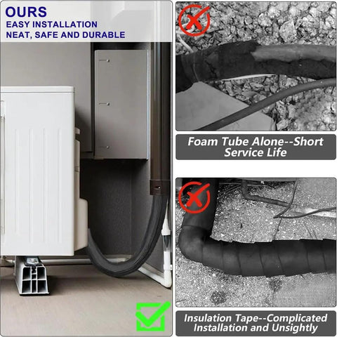Copper Pipe Insulation Cover With UV Resistant Tape For Outdoor AC Lines, comparison with foam and tape insulation.