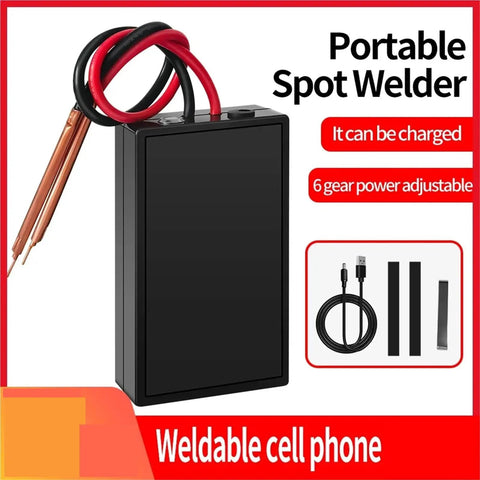 Handheld DIY Spot Welder Kit With 6 Adjustable Amps, pro grade portable tool, black unit with cables, weldable items shown