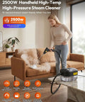 Woman using Ultra Powerful 2500W Handheld Steam Cleaner on a couch to remove tough stains with high-pressure steam.