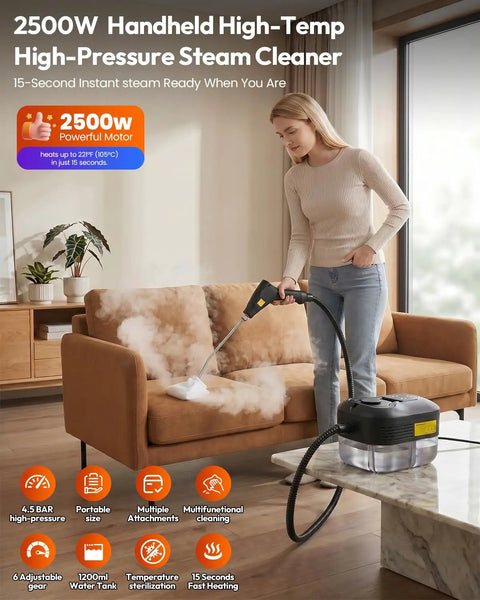Woman using Ultra Powerful 2500W Handheld Steam Cleaner on a couch to remove tough stains with high-pressure steam.