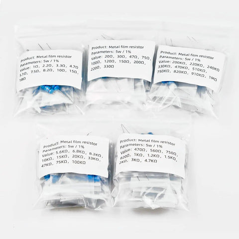 5W Metal Film Resistor Assorted Kit 100 Pieces 50 Resistor Values From 1 Ohm To 1 Megaohm 1 Percent Tolerance Durable Box Bags