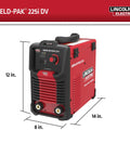 Weld Pak 225i Dual Voltage Stick and TIG Welder 120V 230V, 10 to 225 Amp Output, Lightweight 20 lb Inverter, front view with dimensions