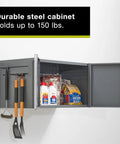 Heavy Duty Steel Garage Storage Cabinet System With Customizable Modular Two Door Design Locks Together For Easy Home Organization 150 Pound Capacity Built In Side Channels Lifetime Warranty, open view with contents inside.