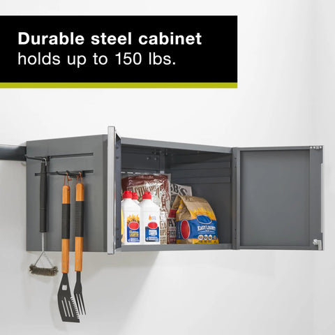 Heavy Duty Steel Garage Storage Cabinet System With Customizable Modular Two Door Design Locks Together For Easy Home Organization 150 Pound Capacity Built In Side Channels Lifetime Warranty, open view with contents inside.