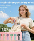 Woman outdoors placing pink 3 In 1 Personal Neck Fan And Handheld USB Rechargeable Mini Fan With 5 Speed LED Display into bag.