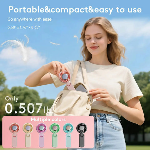 Woman outdoors placing pink 3 In 1 Personal Neck Fan And Handheld USB Rechargeable Mini Fan With 5 Speed LED Display into bag.