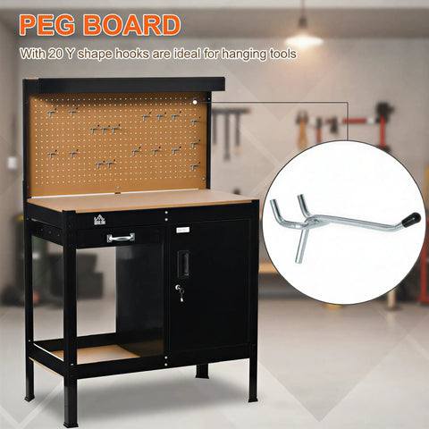 Boss Level Multipurpose Workbench With Lockable Storage Cabinet And Slide Drawer, DIY Friendly Workshop Tool Table With Pegboard And 20 Hooks