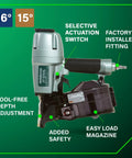 Pro Grade Coil Siding Nailer For Sheathing Decking And Fencing With 15 Degree Plastic Collated And 16 Degree Wire Coil Nails Selective Actuation Pneumatic Power Nailer shown with features like selective actuation and tool-free depth adjustment.