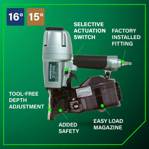 Pro Grade Coil Siding Nailer For Sheathing Decking And Fencing With 15 Degree Plastic Collated And 16 Degree Wire Coil Nails Selective Actuation Pneumatic Power Nailer shown with features like selective actuation and tool-free depth adjustment.