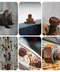 Collage of rusted, stripped bolts and nuts suitable for Beast 10 Piece Screw Extractor Kit For Stripped Bolts And Nuts MultiSpline Hex Breaker Set To Rescue Damaged Screws DIY Pro Grade Tool With Ten Sizes From 1/8 To 13/32 Inch For Home And Shop usage